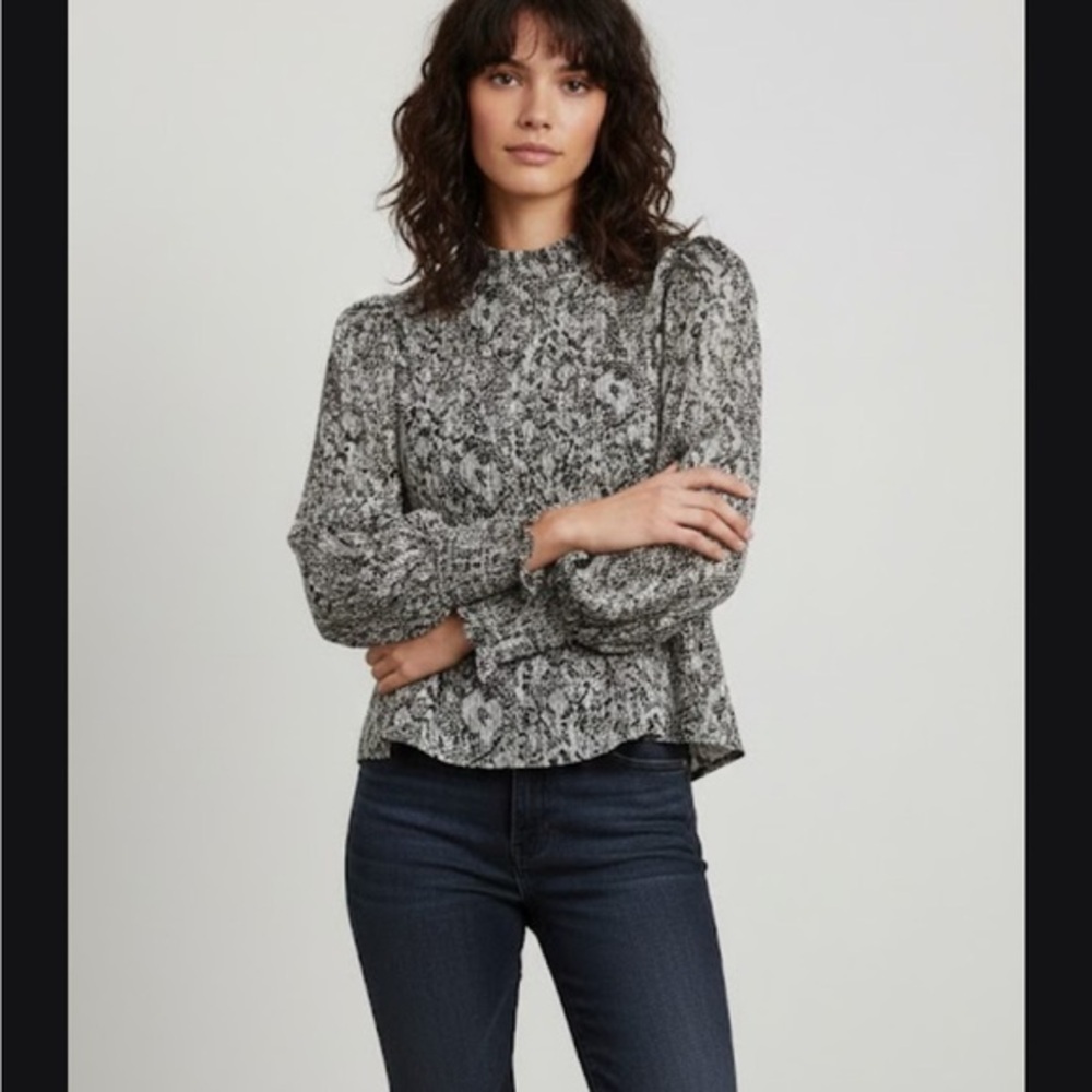 Aqua Black and White Puff Sleeve Smocked Blouse